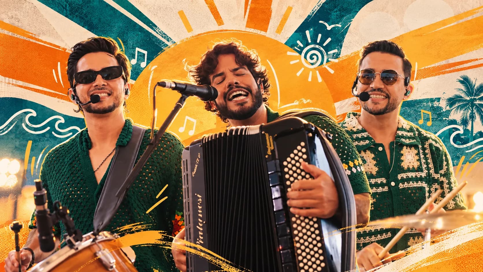 Hegon na zabumba, Lucas cantando com a sanfona e Saulo na percussão, os três de frente sobre um sol laranja com ondas e coqueiros