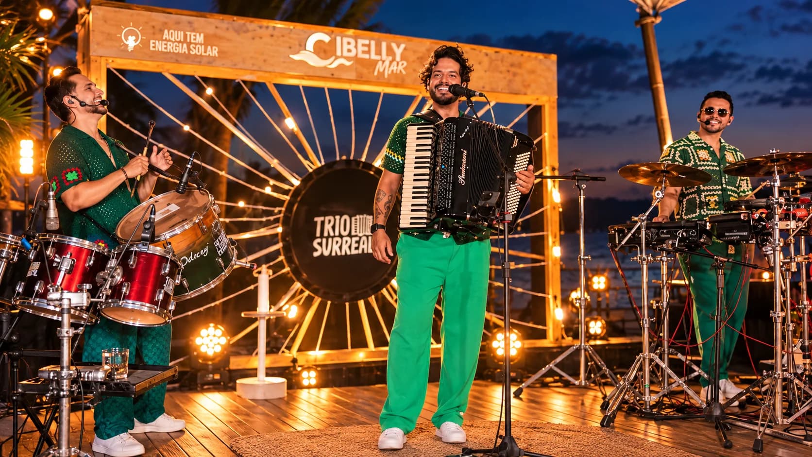 Lucas sorrindo com a sanfona no centro do palco à noite, entre Hegon na zabumba e Saulo na percussão, com luzes quentes ao fundo